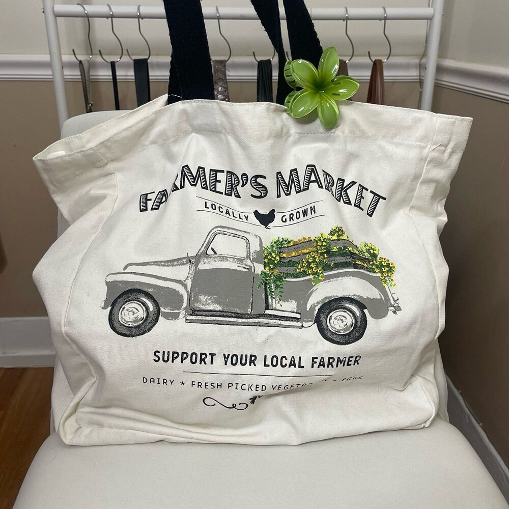 Farmers Market Floral Truck Reusable Solid Cotton Canvas Shopper Tote Bag